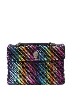 black/multicolour faux leather interwoven design foldover top with magnetic fastening sliding chain-link shoulder strap rainbow stripe detailing signature eagle head charm logo plaque partitioned compartment internal slip pocket Multicolor Shoulder Bag With Magnetic Closure For Evening, Multicolor Formal Shoulder Bag With Detachable Strap, Formal Multicolor Shoulder Bag With Detachable Strap, Designer Multicolor Shoulder Bag For Formal Occasions, Designer Formal Multicolor Shoulder Bag, Luxury Multicolor Shoulder Bag With Magnetic Closure, Formal Multicolor Crossbody Shoulder Bag, London Kensington, Rare Gifts