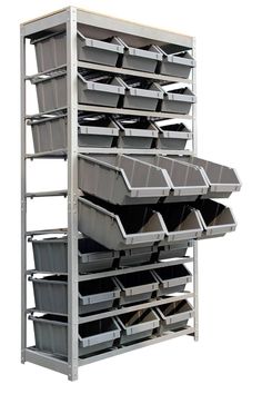 an industrial shelving unit with bins and shelves