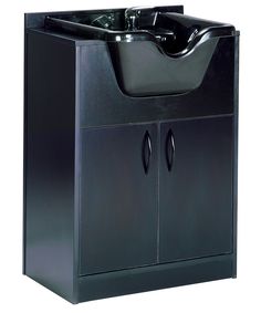 a black cabinet with a sink and faucet in it's center section