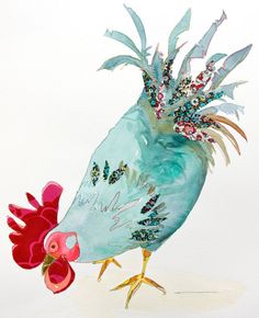 a watercolor painting of a rooster with feathers and flowers on it's head