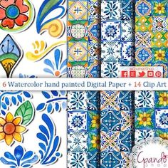 6 watercolor hand painted digital paper and clip art designs for scrapbooking, cards, etc