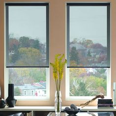 two large windows in a living room overlooking the city