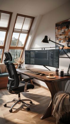 a computer desk with two monitors and a chair in front of the monitor on it