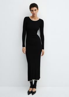 Contrast trim dress - Woman | MANGO USA Elegant Stretch Sweater Dress With Ribbed Neckline, Elegant Knit Midi Dress For Work, Chic Knit Dress With Ribbed Neckline, Elegant Long Sleeve Sweater Dress With Ribbed Neckline, Elegant Dress With Ribbed Neckline For Spring, Elegant Winter Midi Dress In Viscose, Dress Woman, Trim Dress, Contrast Trim