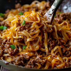 a skillet filled with noodles and ground beef