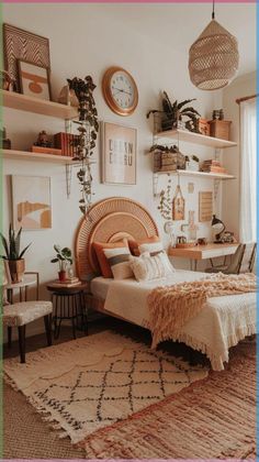 a bed room with a neatly made bed and lots of plants