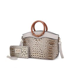 The Phoebe Tote Bag is a chic and structured carryall for every day with trendy wooden circular handles. Crafted from a combination of faux crocodile-embossed and smooth vegan leather, and designed with gold-tone embellishment, this stylish tote handbag is a forever bag. Open the top zipper closure to reveal a fully lined well-organized interior with dedicated pockets for your phone, wallet and other small items. The exterior features a convenient back zipper pocket. Carry it by the top handles or attach the adjustable crossbody for multiple carrying options. This style has a flat base and feet for stability. This amazing Tote Handbag comes with a matching wallet. You will love this both practical and polished style.Details:•    Pockets: Interior features a wall zip pocket and two slip poc Polished Style, Tote Handbag, Wristlet Wallet, Phone Wallet, Womens Tote, Small Items, Tote Handbags, Leather Women, Zipper Pocket