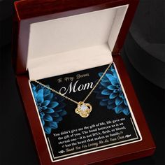 This elegant Love Knot necklace is the perfect gift for your Bonus Mom. It features a beautiful message card that reads, "To My Bonus Mom, You didn't give me the gift of life; life gave me the gift of you. The bond between us is an eternal one--it is not DNA, flesh, or blood, but the heart that makes us family. Thank you for loving me as your own." This message will surely touch her heart and remind her how much you appreciate her. Imagine the profound emotional impact of your Bonus Mom receivin Gold Necklace With Gift Box For Anniversary, Rose Gold Necklace With Gift Box For Mother's Day, Meaningful Necklace For Mother's Day With Gift Box, Mother's Day Gift-wrapped Necklaces, Inspirational Necklace For Mother's Day Gift, Inspirational Mother's Day Gift Necklace, Elegant Birthday Gift Necklace, Gift Wrapped, Elegant Birthday Gift Wrapped Necklaces, Elegant Birthday Gift-wrapped Necklace