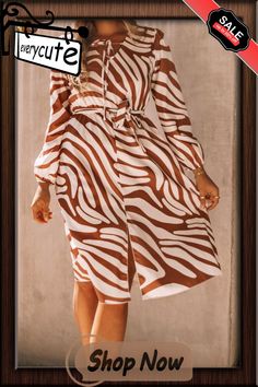 Khaki Zebra Striped V Neck Long Sleeve Dress Zebra Print Wrap Dress, Striped Fitted V-neck Shirt Dress, Chic V-neck Dress With Zebra Print, Zebra Print Dress H&m, Chic Zebra Print V-neck Dress, Dresses With Sleeves, Midi Dress, V Neck, Long Sleeve Dress