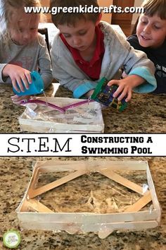 two children are playing with construction materials in a box on the counter top and below