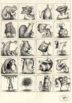 an image of various cartoon characters drawn in pencil on white paper with black and white ink