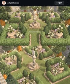 an image of a garden with flowers and statues in it's center, surrounded by greenery