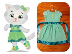 a white cat wearing a green dress next to an image of a stuffed animal with a blue ribbon