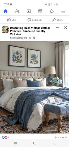 an image of a bedroom with blue and white decor on the walls, and pictures above the bed