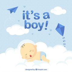 it's a boy card with a baby sleeping on clouds and kites in the sky