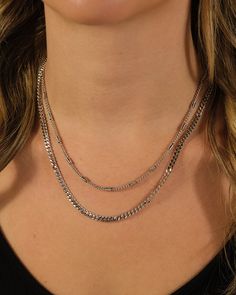 Want to add some delicate details to your look? This curb and station layered chain necklace will give you the layers and shine that you love! Adjustable for a perfect fit and available in gold and silver tones. Materials: 14K gold ﻿or﻿﻿ rhodium plated brass Features: Measures 16-18" with 2" extender, Lead & Nickel free, lobster clasp Layered Chain Necklace, Layered Chain, Delicate Details, Gold And Silver, Rhodium Plated, Lobster Clasp, Silver Tone, Chain Necklace, Gold Necklace