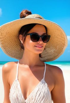 "A carefree woman with a messy bun, wearing a large sun hat and sunglasses, enjoying a summer afternoon at the beach. Her hair is loosely tied, giving off a relaxed, easy-going vibe perfect for hot summer days." Summer Afternoon, Easy Going, Messy Bun, Sun Hat, Hot Summer