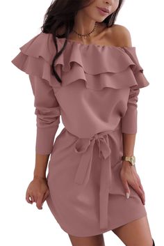 Pink Double Frill Off Shoulder Long Sleeve Dress Spring Off-shoulder Workwear Dresses, Off Shoulder Long Sleeve Dress, Pink Solid, Bare Shoulders, Ruched Dress, Mini Dresses, Wholesale Fashion, Above Knee, Women Dresses