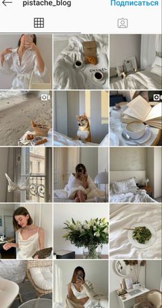 a collage of photos showing different things in the same room, including a woman sitting on a bed