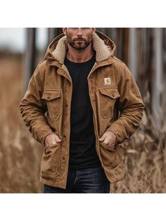 Men Jackets, Men's Vintage Practical Cargo Lamb Fleece Multi-Pocket Reverse Collar Hooded Outdoor Jacket Coat Placket Design, Sleeve Placket, Men Jackets, Outdoor Leisure, Outdoor Jacket, Jackets Online, Season Winter, Lapel Collar, Jacket Coat