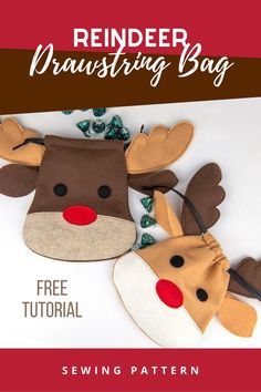 two felt reindeer head ornaments on a white surface