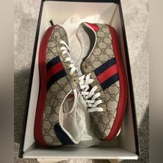 Used Condition Always Authentic Comes With Box Gucci Leather Sneakers With Red Sole, Designer Red Sneakers With Branded Heel, Designer Red Sneakers With Branded Heel Counter, Red Sporty Gucci Sneakers, Designer Red Gucci Sneakers, Gucci Red Sporty Sneakers, Gucci Shoes Women, Supreme Shoes, Low Top Sneakers