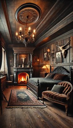 an old fashioned bedroom with a fireplace and chandelier