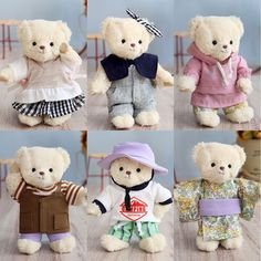 four teddy bears dressed in clothes and hats, all wearing different styles of clothing on them