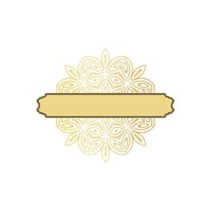 a gold and white logo with an ornate design on the bottom, in front of a blank