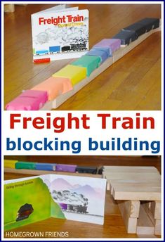 the freight train blocking building is made out of wood and has different colored blocks on it