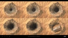 four different views of an object in the desert, with dirt and sand around it