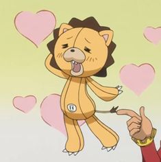 a person pointing to a cartoon character with hearts in the background