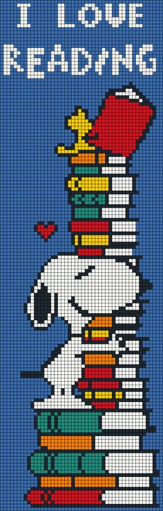 a cross stitch pattern with the words, i love reading and a penguin on top of books