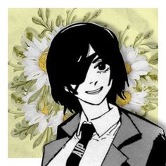 a drawing of a person with flowers in the background