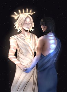 two people standing next to each other in front of a star filled sky with stars