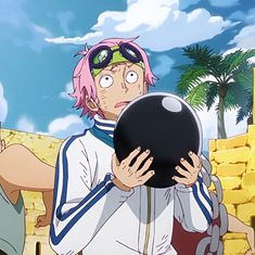 an anime character with pink hair holding a bowling ball