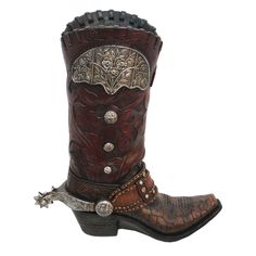 Add a playful, stylish, and truly Western detail to any room with this Tooled Cowboy Boot Vase. This vase is crafted from durable resin and made to look like an actual cowboy boot, complete with tooled leather detailing, silver metal accents, and spurs. Cowboy Boot Vase, Turquoise Cowboy Boots, Boot Vase, Brown Cowgirl Boots, Western Brown, Cowboy Shoes, Dr Shoes, Floral Heels, Metal Accents