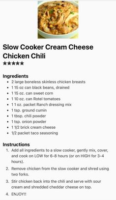 the recipe for slow cooker cream cheese chicken chili