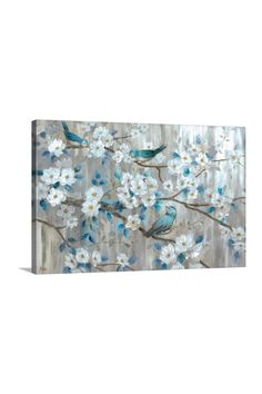 a painting with white and blue flowers on it