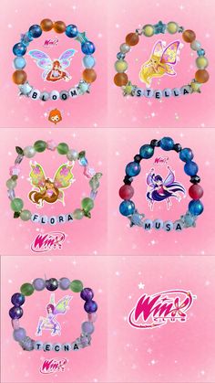 four different logos on a pink background with stars and beads in the middle one has a fairy