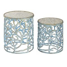 two metal side tables with marble top, one in blue and the other in white