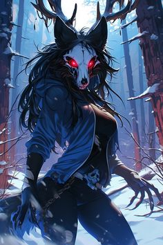 a woman with red eyes and horns in the woods, holding a knife to her chest