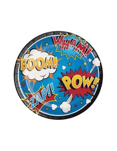 a paper party plate with the words boom and pow in comic pop letters on it