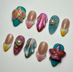 #nails #nailart#nailinspo#nailaesthetic#nailsaesthetic #naildesign #aesthetic #inspo #summer Ocean Nails, Orchid Nails, Sea Nails, 3d Flower Nails, Art Deco Nails, Gel Glue, Mermaid Nails, Cat Eye Gel