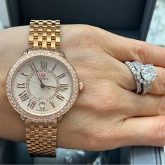 Beautiful Authentic Michele Serein Real Diamonds Rose Gold Rare Limited Edition Comes With Box Omg! Probably The Most Beautiful Michele Watches Ever! Very Good Condition, Some Scratches On The Back, Normal Wear Around Extra Links Included Working Great, Needs New Battery, You Can Add $30 I’ll Replace The Battery For You. Love Them But Wearing My Rolex All The Time - I Don’t Want Them To Sit In The Box. Case Size 34 Mm X 36 Mm Case Material Rose/Red/Pink Gold Movement Quartz Water Resistance 5 Meters Strap/Bracelet Material Stainless Steel Item Number Mcl0201324 Features Big Date, Second Hand Collection Serein Hand Collection, Michele Watches, Real Diamonds, Pink Gold, Item Number, Limited Editions, Pink And Gold, Red Roses, Rolex