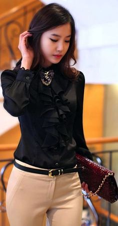 Work outfit. I like this ruffly shirt and the broach at the neckline. Interview Outfits Women, Interview Outfits, Tan Pants, Interview Outfit, Satin Blouse