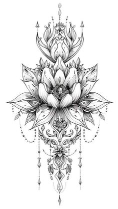 a black and white drawing of a lotus flower on a white background with an intricate design