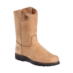 Enjoy superior durability and comfort from a long wearing Wellington work boot with the Farm and Ranch Comfort Core Wellington from Georgia Boot. This easy-wearing pull-on utilizes SPR full grain leather for its upper to deliver up to 3 times the strength and 2 times the abrasion resistance of a traditional leather upper. This specialized leather also stands up to the caustic chemicals and common barnyard acids encountered on farms and ranches. Fully lined for superior breathability and moisture Leather Slip-resistant Work Boots For Construction, Leather Impact Resistant Boots For Construction, Rugged Leather Work Boots For Safety, Leather Work Boots For Construction With Snip Toe, Sturdy Leather Work Boots, Leather Work Boots For Construction With Round Toe, Slip-resistant Leather Work Boots For Construction, Western Style Waterproof Leather Boots For Safety, Western Style Leather Waterproof Boots For Safety