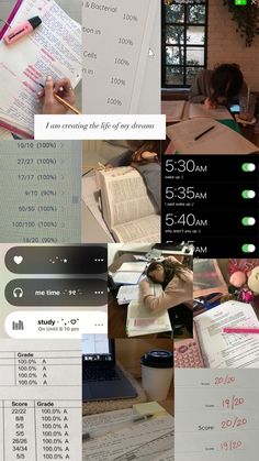 a collage of photos with text and pictures on the same page, including an open notebook