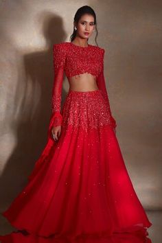 Red lehenga featuring placed sequin,bead and crystal cluster embroidered waistline. Comes with embellished blouse and ruffle dupatta. - Aza Fashions Red Embellished Party Wear Set, Red Embellished Party Wear Lehenga, Red Semi-stitched Lehenga For Evening, Hand Embellished Red Lehenga For Reception, Red Embellished Party Wear Choli, Embellished Red Party Wear Choli, Embellished Red Choli For Party Wear, Festive Red Hand Embellished Lehenga, Red Sequined Wedding Set